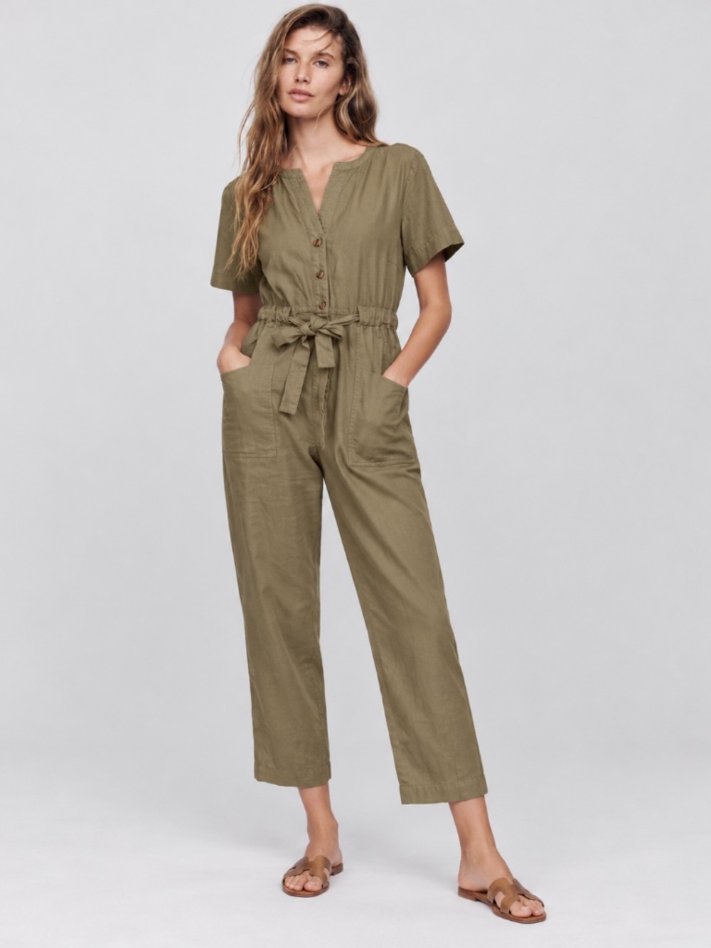 ABLE Shirley Utility Jumpsuit Olive Khaki Short Sleeve Belted Women’s Sz S